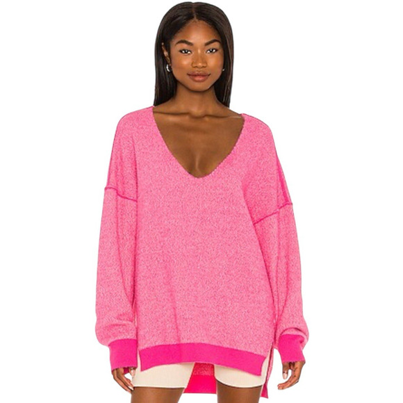 Free People Oversized Sweater XS Hot Pink Weather V-Neck Drop Shoulder Cozy - Picture 1 of 16